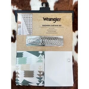 Wrangler Shower Curtain Set 14pc Aztec Geometric Green Tan